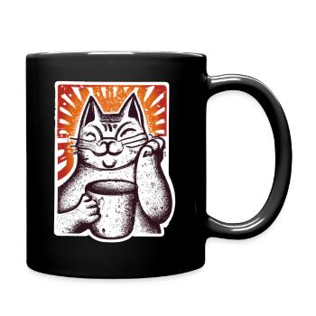 Katze hält Kaffeetasse im Retro Style - Tasse einfarbig - Schwarz - Rechts