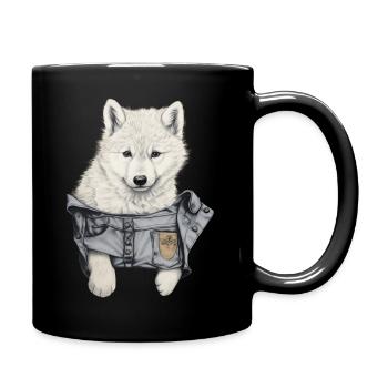 Niedlicher weißer Wolf in der Tasche Lustige Wölfe-Grafik - Tasse einfarbig - Schwarz - Rechts