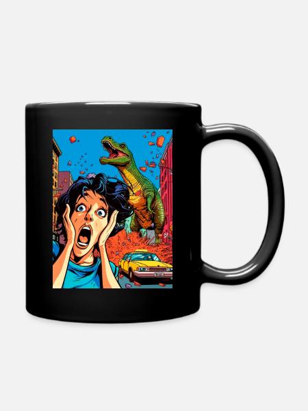 Dinosaurier-Angriffs-Karikatur - Tasse einfarbig - Schwarz