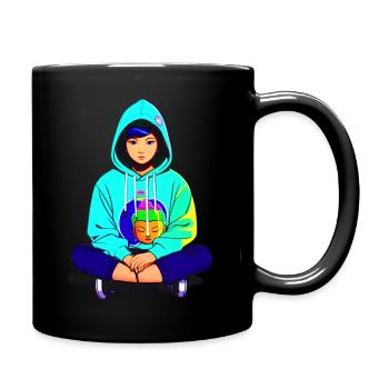 Cute girl doing yoga with hoodie - Full Colour Mug - black - Right