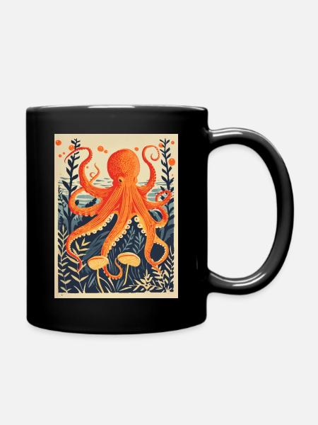 Oktopus-Linoldruck - Tasse einfarbig - Schwarz