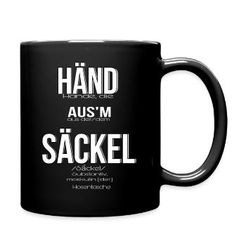 Händ aus´m Säckel / Hände aus der Tasche - Tasse einfarbig - Schwarz - Rechts