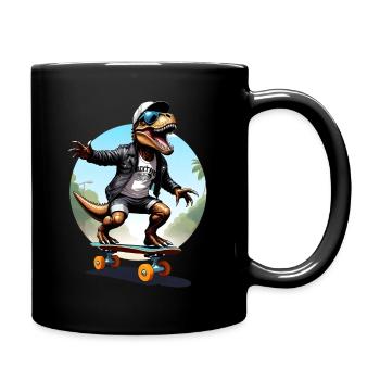 cool dino T-Rex with sunglasses on skateboard - Full Colour Mug - black - Right