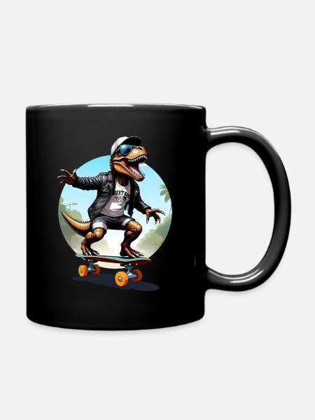 cooler Dino T-Rex mit Sonnenbrille auf Skateboard - Tasse einfarbig - Schwarz