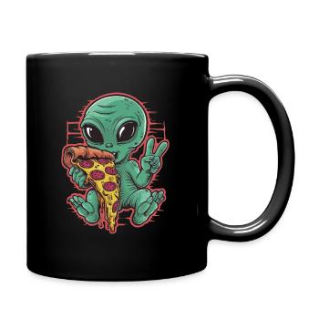 Alien dégustant une pizza signe de paix - Mug uni - noir - Droite