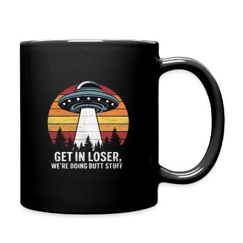 Raumfahrt Abenteuer Mit Ufo Und Spruch - Tasse einfarbig - Schwarz - Rechts