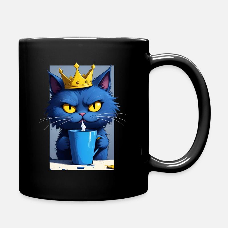 blue cat with coffee cup - Full Colour Mug - black