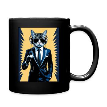Cat in a suit listening to music II - Tasse einfarbig - Schwarz - Rechts