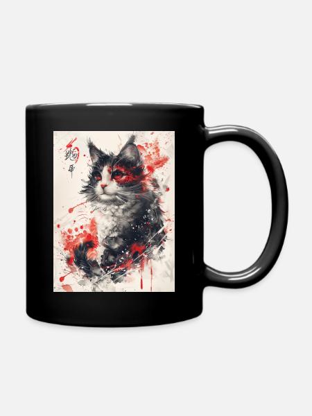 T Shirt Design Anime Chinese Cat - Full Colour Mug - black