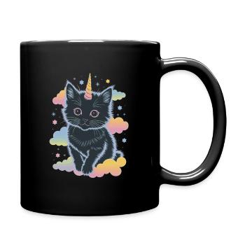 Magische Einhorn-Katze – Pastelltraum auf Wolken - Tasse einfarbig - Schwarz - Rechts