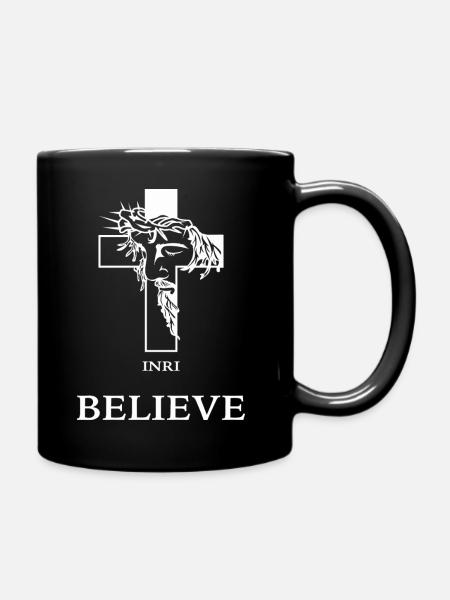 Believe – Modernes Kreuz mit Jesus - Tasse einfarbig - Schwarz