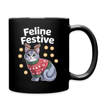 Feline Festive Christmas Cat with Antlers - Full Colour Mug - black - Right