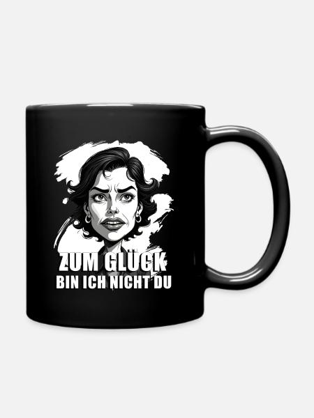Karikatur mit „Zum Glück…“-Zitat - Tasse einfarbig - Schwarz