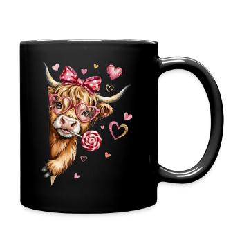 Verliebtes Hochlandrind mit Herzbrille und Lolli - Tasse einfarbig - Schwarz - Rechts