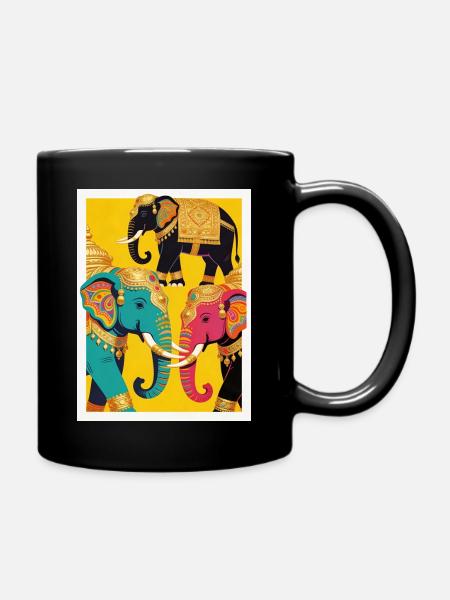 Éléphants colorés dorés sur fond jaune - Mug uni - noir