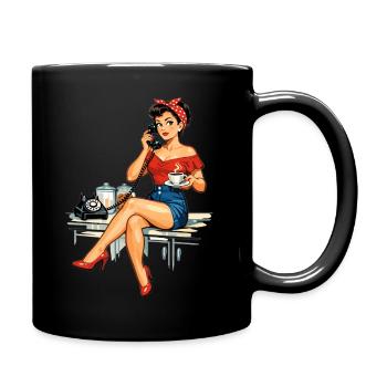Retro Pin-up Girl: Coffee & Vintage Phone Graphic - Full Colour Mug - black - Right