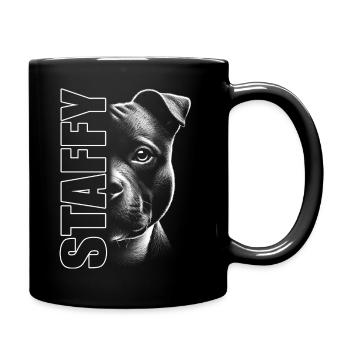 Staffordshire Bullterrier mit Staffy Schriftzug - Tasse einfarbig - Schwarz - Rechts