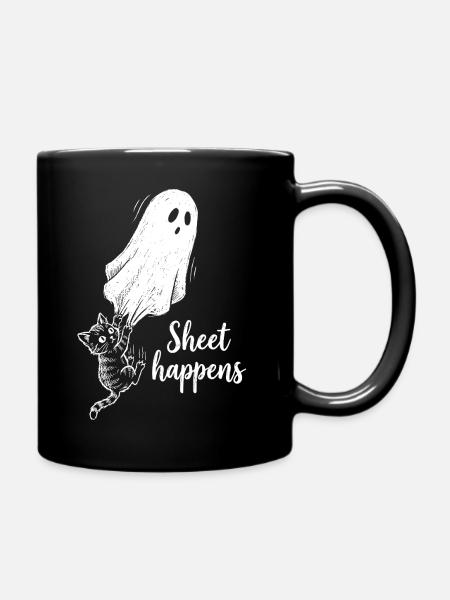 Sheet Happens Katze Geist Lustig Halloween Geschen - Tasse einfarbig - Schwarz