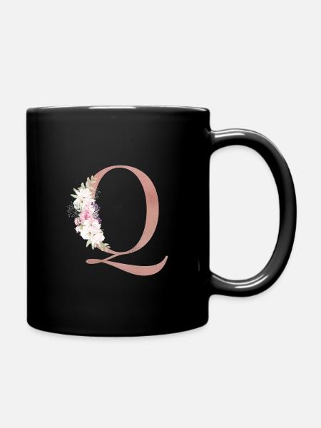 Personalisierbar Monogramm Q Floral - Tasse einfarbig - Schwarz