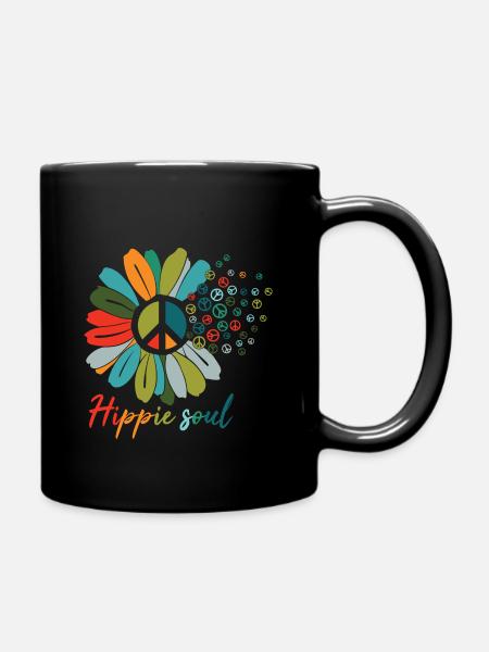 Hippie Soul Bunte Sonnenblume und Friedens Symbole - Tasse einfarbig - Schwarz