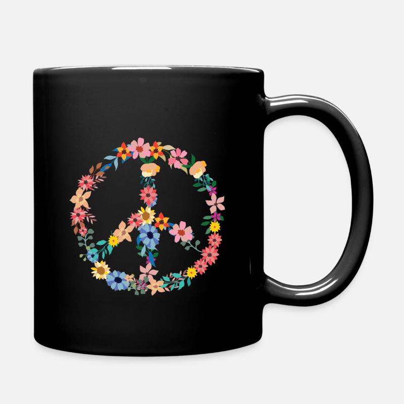 Hippie Symbol buntes Friedenssymbol mit Blumen - Tasse einfarbig - Schwarz