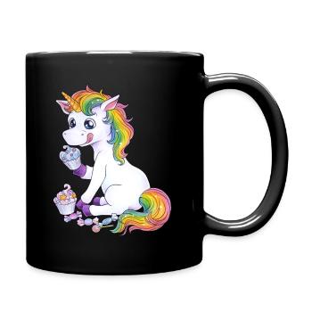 Niedliches Einhorn Regenbogen mit Süßem Cupcake - Tasse einfarbig - Schwarz - Rechts