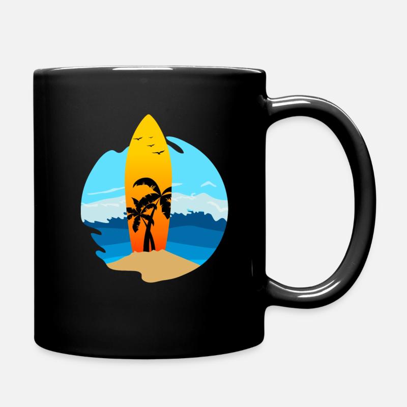 Une planche de surf avec des palmiers coincés dans le sable - Mug uni - noir