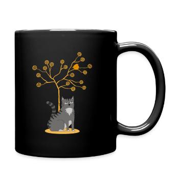 Sweet little cat and little bird in the tree - Full Colour Mug - black - Right