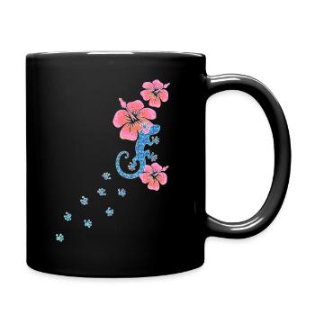 Gecko footprint with hibiscus, lucky charm Aloha - Full Colour Mug - black - Right