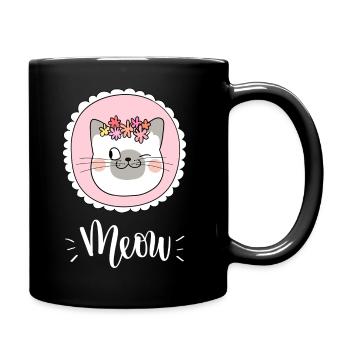 Niedliche Kawaii lustige Katze mit Blumen, die Miauen sagen - Tasse einfarbig - Schwarz - Rechts