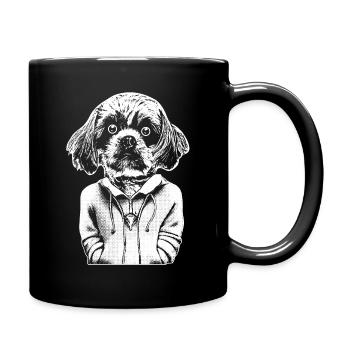 Portrait amusant d’un chien en sweat à capuche. - Mug uni - noir - Droite