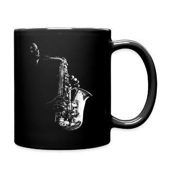 SAXOPHON, SAXOPHON UND SAXOPHONIST AUF SCHWARZ - Tasse einfarbig - Schwarz - Rechts