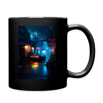 Futuristisches Auto im neonbeleuchteten Stadtbild - Tasse einfarbig - Schwarz - Rechts