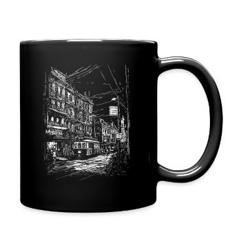 Stadtbild Relief mit Straßenbahn und Strommasten - Tasse einfarbig - Schwarz - Rechts