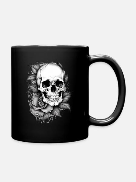 Skull & Rose tattoo design - Full Colour Mug - black