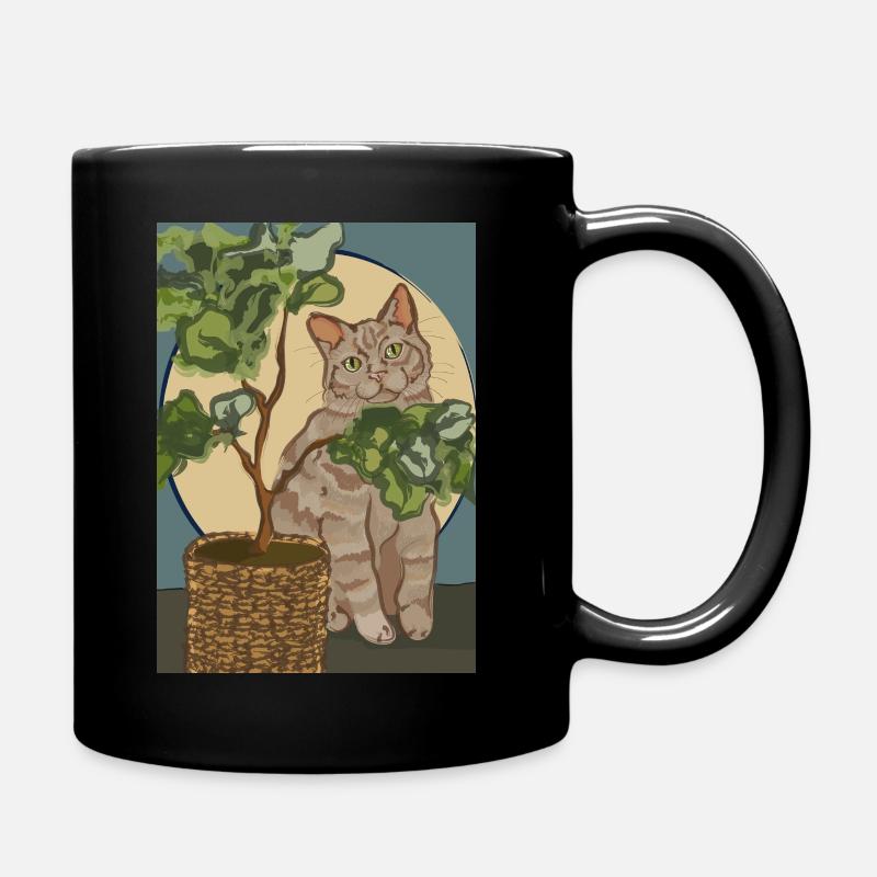 Cat with plant - Full Colour Mug - black
