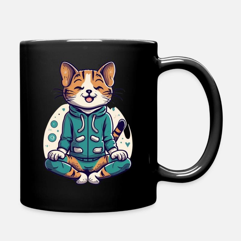 Glückliche Katze im Pyjama beim Yoga - Tasse einfarbig - Schwarz