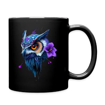 Eule mit Blume - Tasse einfarbig - Schwarz - Rechts
