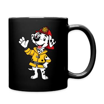Frecher gefleckter Welpe in gelber Jacke - Tasse einfarbig - Schwarz - Rechts
