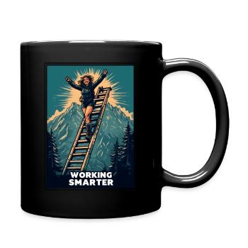 Cheerful Hiker Atop Ladder Against Mountain - Full Colour Mug - black - Right
