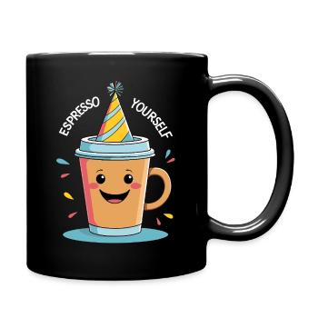 Lustige Kaffeetasse mit Partyhut - Kaffee Cartoon - Tasse einfarbig - Schwarz - Rechts