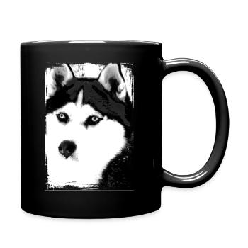 Schwarz-Weiß Husky Porträt auf Textil - Tasse einfarbig - Schwarz - Rechts