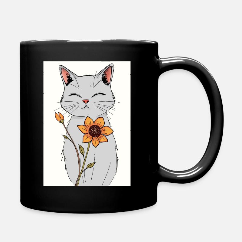 Serene Cat with Sunflower - Full Colour Mug - black