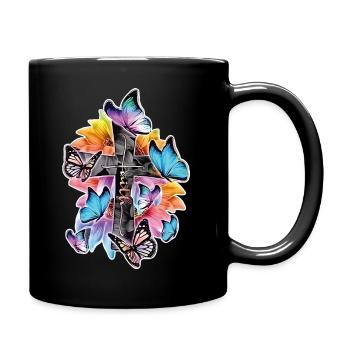 Glaube und Hoffnung – Kreuz mit Schmetterlingen - Tasse einfarbig - Schwarz - Rechts