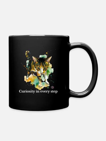 Curious Cat Watercolor Steps - Full Colour Mug - black