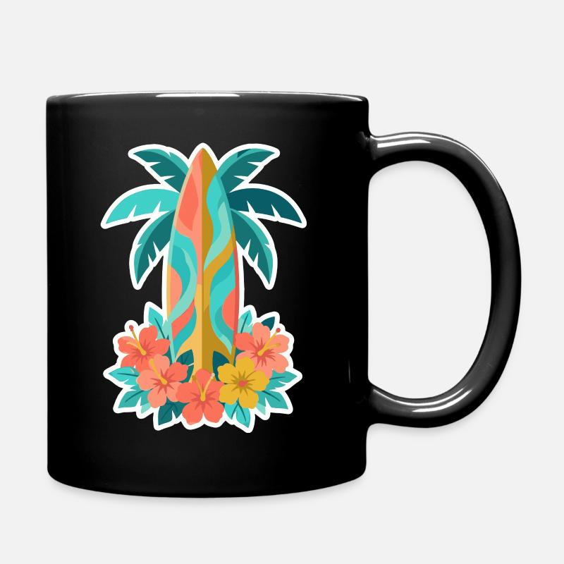 Tropical Surfboard Hibiscus Bloom - Full Colour Mug - black