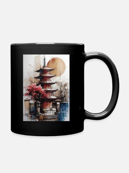 Zen Sun Watercolor Pagoda - Full Colour Mug - black