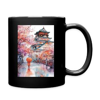 Japanese pagoda and cherry blossoms - Full Colour Mug - black - Right