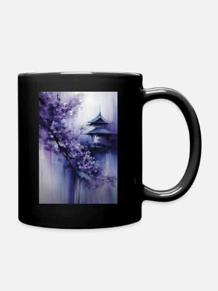 Lila Pagode und Blumen - Tasse einfarbig - Schwarz