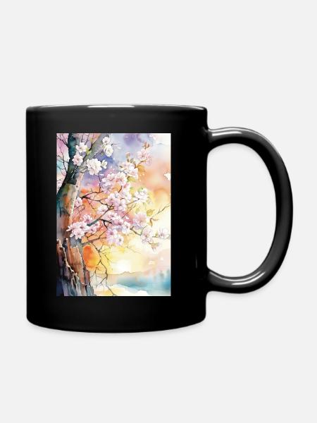Cherry trees in Aube Watercolor - Full Colour Mug - black